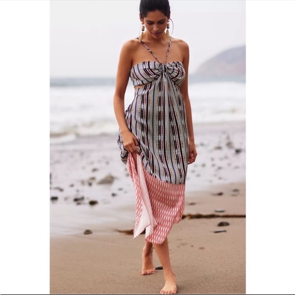 Anthropologie Black Pink Striped Cutout Tie Back Maxi Cover Up Dress XL - Picture 7 of 9